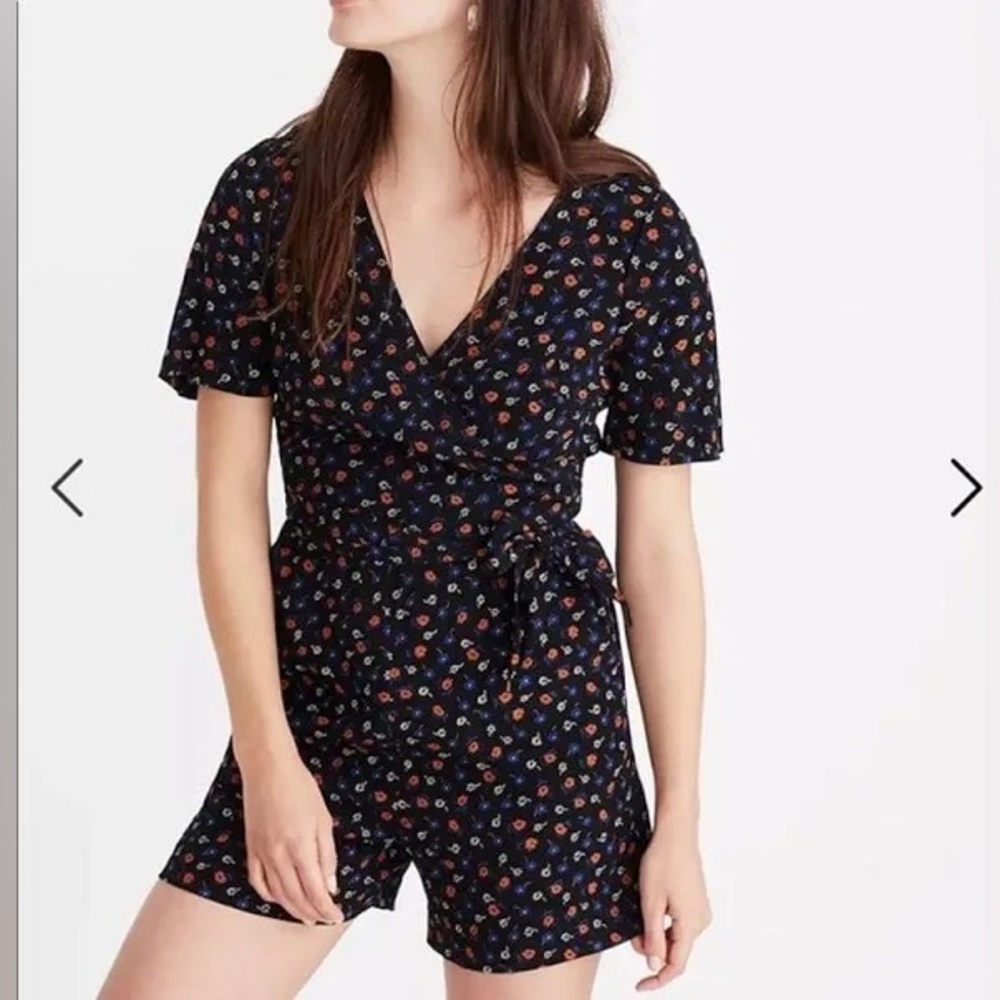 MADEWELL Black Prairie Floral V-Neck Wrap-Front Romper w/Pockets Size 10 NWT
